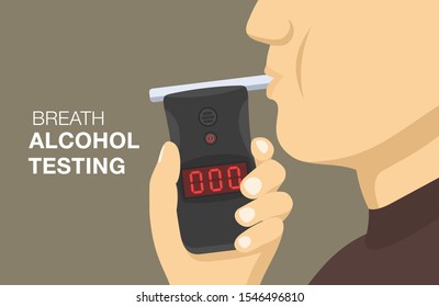 Police breath alcohol testing device. Driver blows into a tester. Flat vector illustration.