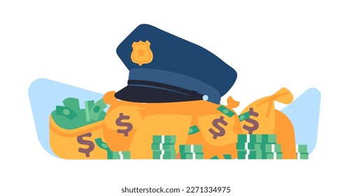 Police bribery. Policeman hat on banknotes bags heap. Officers corruption. Security crimes. Illegal profit. Financial fraud. Dollar currency. Corrupt cop. Professional