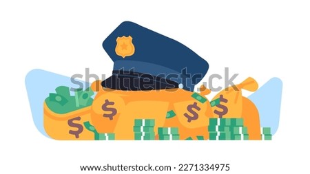 Police bribery. Policeman hat on banknotes bags heap. Officers corruption. Security crimes. Illegal profit. Financial fraud. Dollar currency. Corrupt cop. Professional