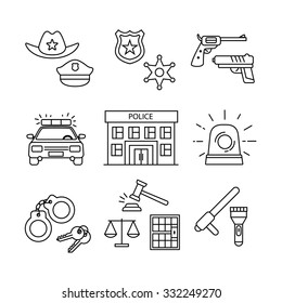 Police Building, Car, Court And Law Enforcement Thin Line Art Icons Set. Modern Black Symbols Isolated On White For Infographics Or Web Use.