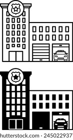 Police Building Icons. Black and White Vector Icons. City Police Station with a Police Car in the Garage. Government Institution. Concept of Architecture and Law Enforcement