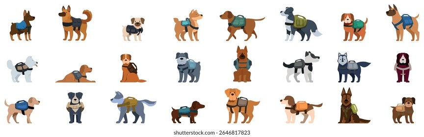  Ícones de unidade canina de polícia definidos. Raças diferentes de cães usando mochilas, prontos para caminhar, acampar ou socorristas