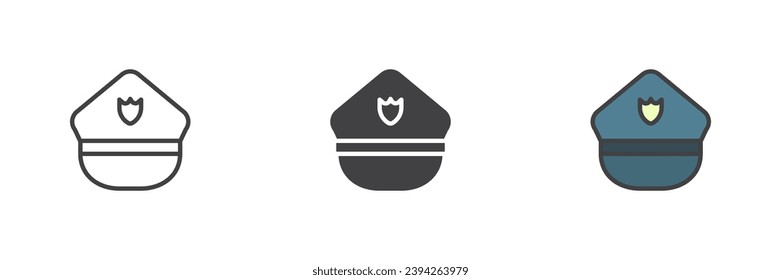 Police cap with badge different style icon set. Line, glyph and filled outline colorful version, outline and filled vector sign. Symbol, logo illustration. Vector graphics