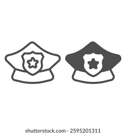 Police cap with police badge line and solid icon, law enforcement concept. Vector graphics. Hat with safety emblem and star sign on white background, outline style icon for mobile or web design