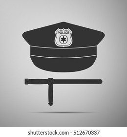 Police cap and baton flat icon on grey background. Policeman uniform. Vector Illustration