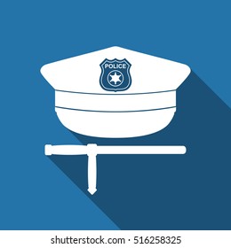 Police cap and baton flat icon with long shadow. Policeman uniform. Vector Illustration