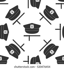 Police cap and baton flat icon seamless pattern on white background. Vector Illustration