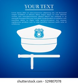 Police cap and baton flat icon on blue background. Policeman uniform. Vector Illustration