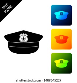 Police cap with cockade icon isolated on white background. Police hat sign. Set icons colorful square buttons. Vector Illustration