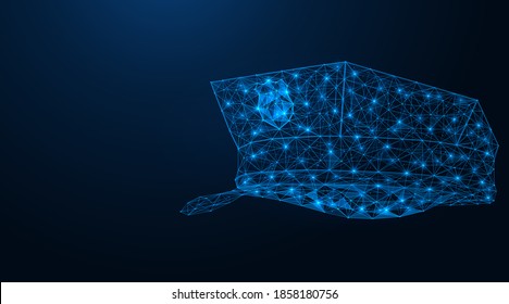 Police cap. Control of cybersecurity. Low-poly construction of concatenated lines and dots. Blue background.