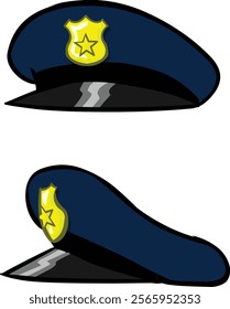 Police cap with gold badge. Side and front view. Vector illustration, flat design, cartoon style. Isolated on white background.