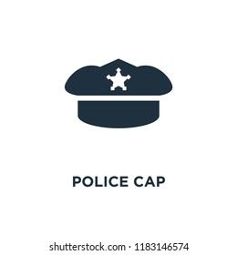 Police cap icon. Black filled vector illustration. Police cap symbol on white background. Can be used in web and mobile.