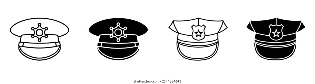 Police cap icon collection in black and white filled and solid vector style.