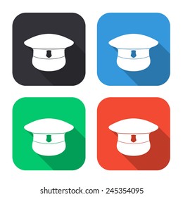 police cap icon - colored illustration (gray, blue, green, red) with long shadow