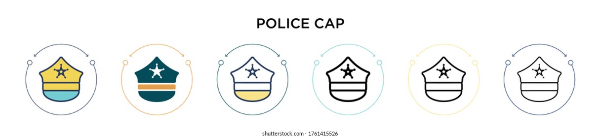 Police cap icon in filled, thin line, outline and stroke style. Vector illustration of two colored and black police cap vector icons designs can be used for mobile, ui, web
