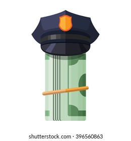 Police cap on roll of money. Vector isolated illustration