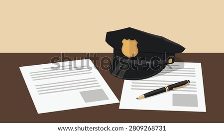 A police cap, pen, and documents are neatly arranged on a brown desk, suggesting official work or paperwork.