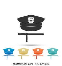 Police cap and rubber baton icon isolated on white background. Security truncheons. Police stick. Policeman uniform. Set elements in colored icons. Flat design. Vector Illustration