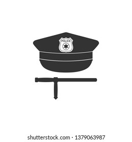 Police cap and rubber baton icon isolated. Security truncheons. Police stick. Policeman uniform. Flat design. Vector Illustration