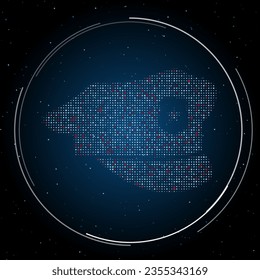 The police cap symbol filled with white dots. Pointillism style. Some dots is red. Vector illustration on blue background with stars