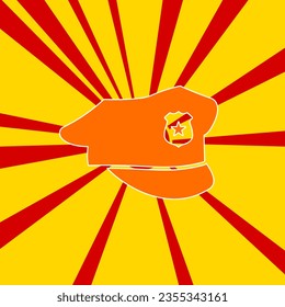 Police cap symbol on a background of red flash explosion radial lines. The large orange symbol is located in the center of the sun, symbolizing the sunrise. Vector illustration on yellow background