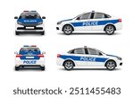 Police car automobile emergency criminal safety front side back view realistic vector illustration. Security force rescue transportation urgency cop department guard patrol with flashing light