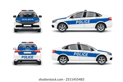 Coche de policía de automóviles de emergencia de seguridad criminal vista trasera delantera Ilustración vectorial realista. Patrulla de guardia del departamento de policía de urgencia de transporte de rescate de la fuerza de seguridad con luz intermitente