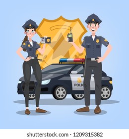 Police car or automobile with golden badge on background. Couple of female and male police officer. 911 vehicle, emergency transport. Isolated flat vector illustration