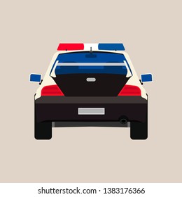 Police car back view vector flat icon. Vehicle cop isolated black patrol crime. Urban guard sheriff sedan headlight