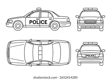 Police Car Blueprint Vector Illustration with Side, Front, Top, and Rear Views