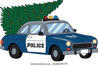 Police car carrying Christmas tree. Art and Illustration