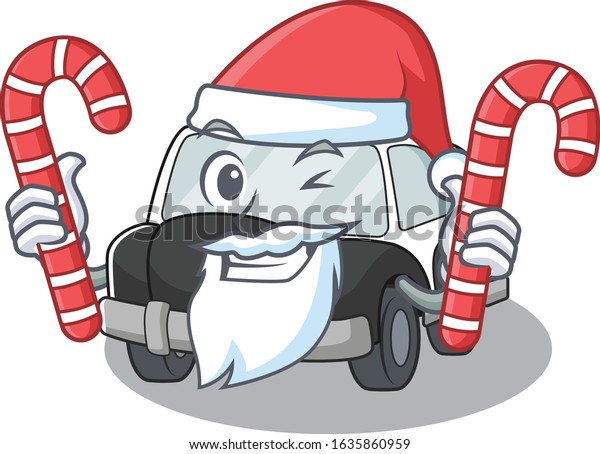 Police Car Cartoon character wearing Santa costume
bringing a candy