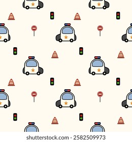 Police car cartoon so cute. On traffic light traffic cone traffic sign background. Pattern seamless vector illustration. 