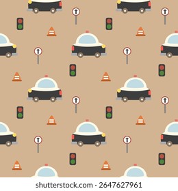 Police car cartoon so cute. On traffic cone traffic sing traffic light brown background. Pattern seamless vector illustration. 