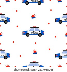 Polizeiwagen Cartoon Muster Design Konzept.Polizei Auto und Alarm auf weißem Hintergrund.Design für Kinderkleidung.Druck , Stoffmuster.