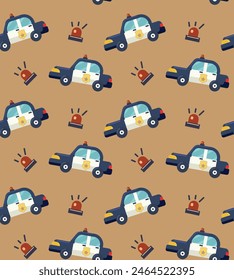 police car cartoon seamless pattern brown background