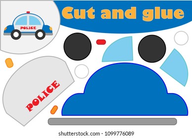 Police car in cartoon style, education game for the development of preschool children, use scissors and glue to create the applique, cut parts of the image and glue on the paper, vector illustration
