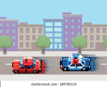 Polizeiauto jagt Pixelkunst-Videospiel-Stil Retro-Layer-Illustration