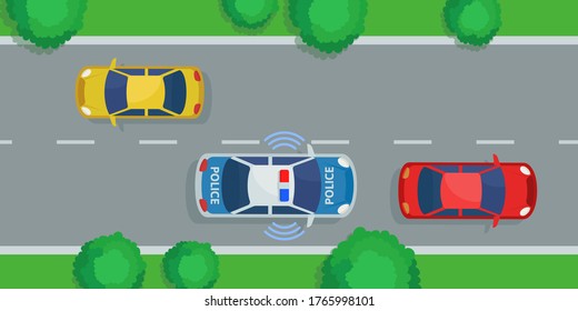 A police car chases a criminal in a red car, top view. The patrol are chasing the offender. Traffic violation, speed over, accident. Vector illustration, flat design, cartoon style.