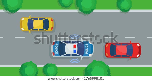A police\
car chases a criminal in a red car, top view. The patrol are\
chasing the offender. Traffic violation, speed over, accident.\
Vector illustration, flat design, cartoon\
style.