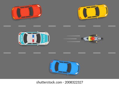 Police car chasing motorcycle rider on a city highway. City street top view. Flat vector illustration template. 