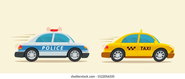 Police car is chasing a yellow taxi. Taxi cab driver violated traffic rules. Speeding, speed limit control. Vector illustration, flat cartoon style. Isolated background.