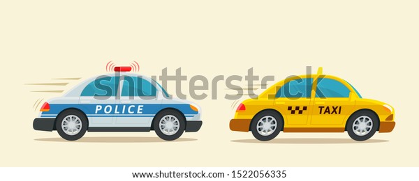 Police car is chasing\
a yellow taxi. Taxi cab driver violated traffic rules. Speeding,\
speed limit control. Vector illustration, flat cartoon style.\
Isolated background.