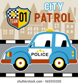 police car in city road on buildings background, vector cartoon illustration