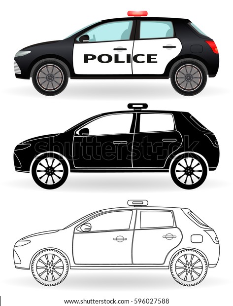 Police car colored, black silhouette,\
outline isolated on a white background. Patrol vehicle in three\
different styles. Flat vector\
illustration..