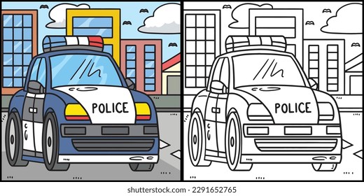 Police Car Coloring Page Colored Illustration