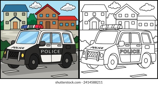 Police Car Coloring Page Colored Illustration