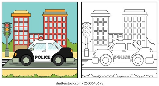 Police Car Coloring Page Colored Illustration