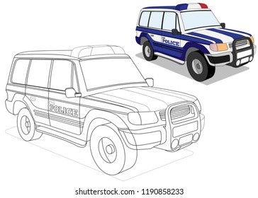 The police car. Coloring. Vector illustration. Isolated on white background.