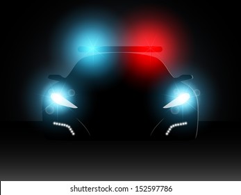 Police car in the dark with the included headlights. Vector illustration.